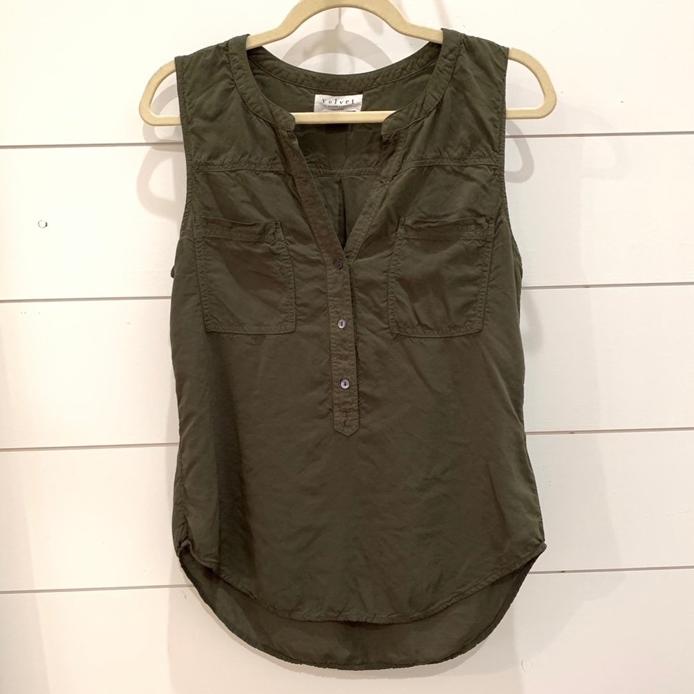 Olive Green Velvet Button Up Blouse Tank